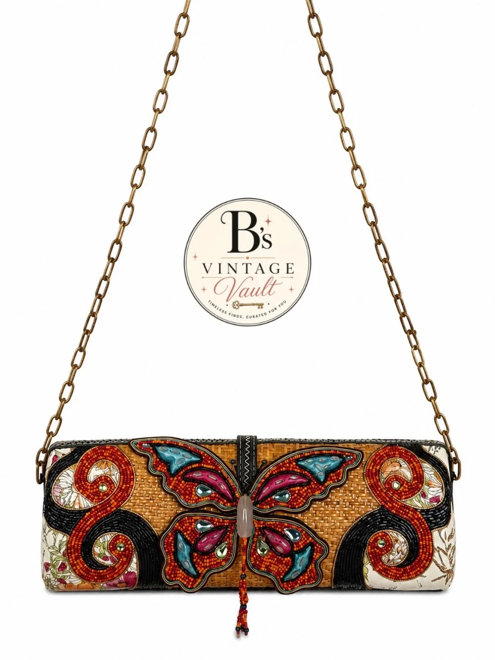 Mary Frances “Social Butterfly” Wicker/Rattan Clutch- 2007 Vintage Beaded Bag